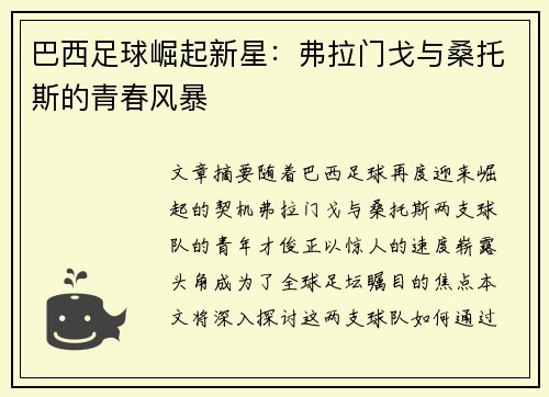 巴西足球崛起新星：弗拉门戈与桑托斯的青春风暴