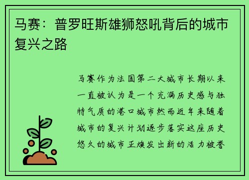 马赛：普罗旺斯雄狮怒吼背后的城市复兴之路