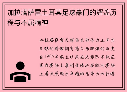 加拉塔萨雷土耳其足球豪门的辉煌历程与不屈精神